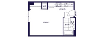 A floor plan of a studio apartment with a kitchen, bathroom, and studio space.