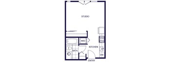 A floor plan of a studio apartment with a kitchen, bathroom, and entryway.