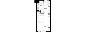 A floor plan of a house with a living room, dining room, kitchen, bathroom, and walk-in closet.