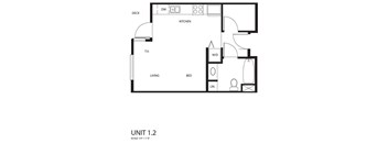 A black and white image of a floor plan for a 1 bedroom apartment.