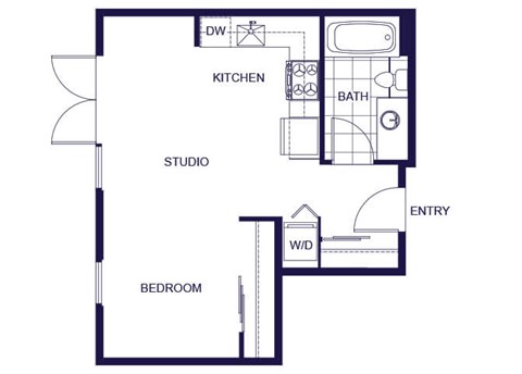 A floor plan of a house with a kitchen, bathroom, studio, and bedroom.