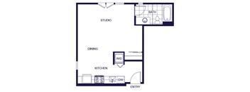 A floor plan of a studio apartment with a kitchen, dining area, and bathroom.