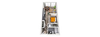 A top-down view of a small apartment with a living room, kitchen, and bathroom.