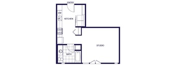 A floor plan of a studio with a kitchen, bathroom, and living area.