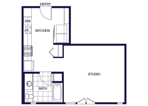 A floor plan of a studio with a kitchen, bathroom, and living area.