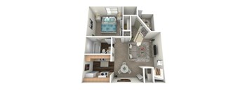 A 3D rendered image of a small apartment with a bedroom, living room, and kitchen.