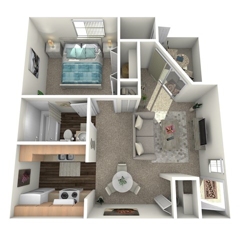 A 3D rendered image of a small apartment with a bedroom, living room, and kitchen.