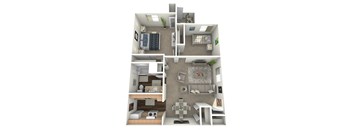 A 3D floor plan of a small apartment with two bedrooms, a living room, and a kitchen.