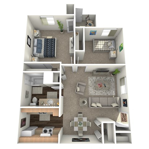A 3D floor plan of a small apartment with two bedrooms, a living room, and a kitchen.