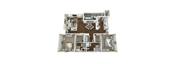 A 3D floor plan of a house with a living room, kitchen, dining room, and bedrooms.