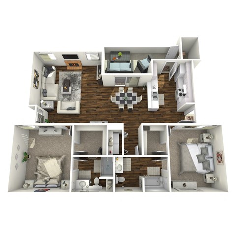 A 3D floor plan of a house with a living room, kitchen, dining room, and bedrooms.