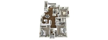 A 3D floor plan of a house showing the layout of the rooms.