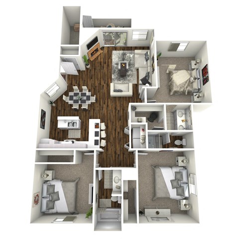A 3D floor plan of a house showing the layout of the rooms.