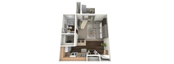 A 3D rendered image of a small apartment layout.