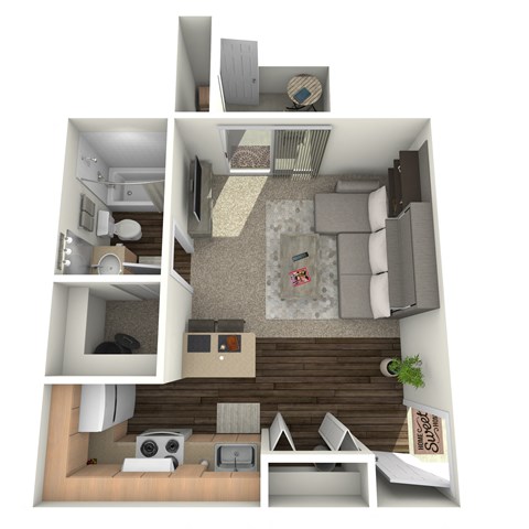 A 3D rendered image of a small apartment layout.