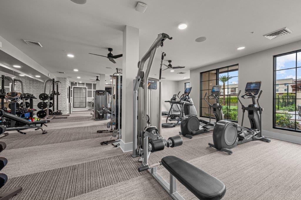 the gym is equipped with state of the art equipment including cardio machines and weights