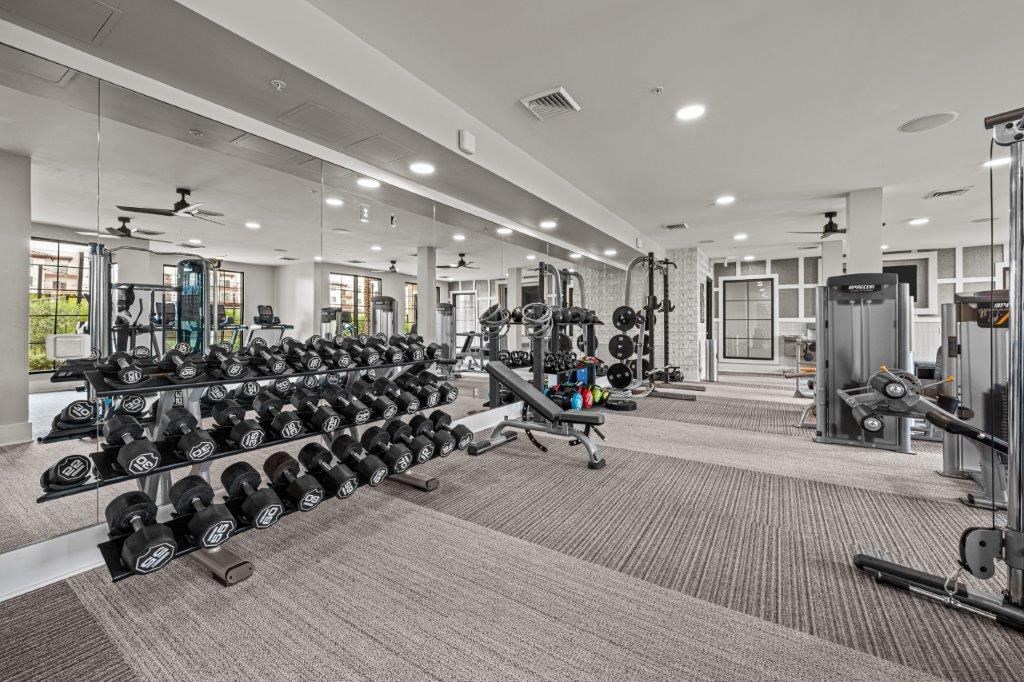 the gym is equipped with weights and cardio equipment