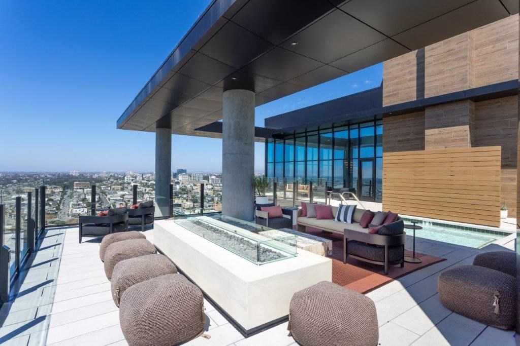 Outdoor lounge area with fireplace