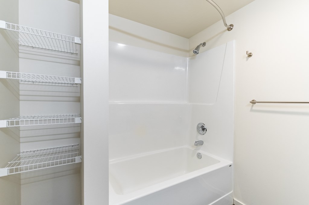 a bathroom with a shower and a tub and a closet