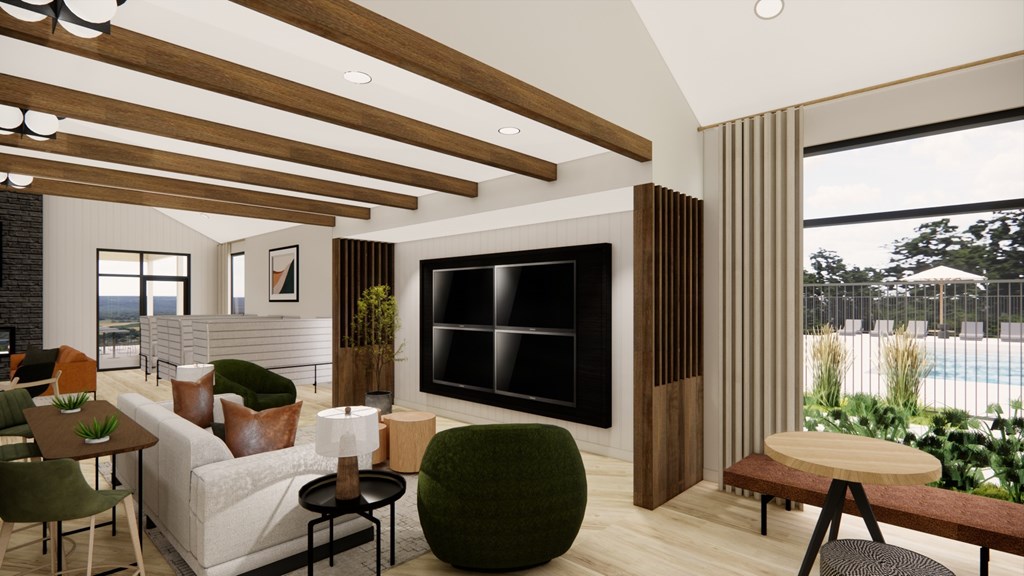 A modern living room with a large window and a flat screen TV.