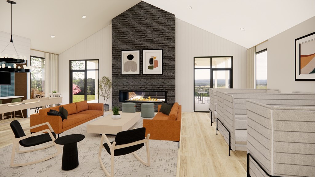 A modern living room with a fireplace and a dining table.