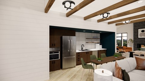 A modern kitchen with a dining area and a living room.