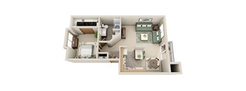 A top-down view of a house interior with a kitchen, living room, and bedrooms.