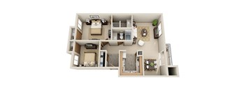 A 3D floor plan of a small apartment with a bedroom, living room, and kitchen.