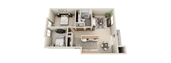 A 3D floor plan of a house with a living room, kitchen, and two bedrooms.