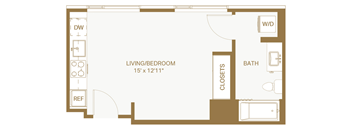 A floor plan of a small apartment with a living room, bedroom, bathroom, and closet.