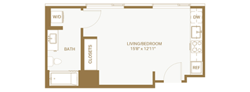 A floor plan of a living room and bedroom with a bathroom.