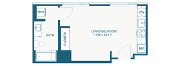 A floor plan of a living room and bedroom with a bathroom.