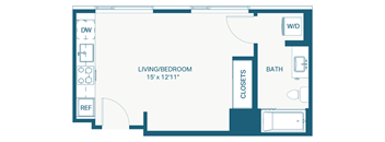 A floor plan of a small apartment with a living room, bedroom, bathroom, and closet.