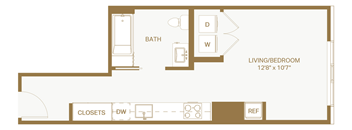 A floor plan of a living space with a bathroom and closet.