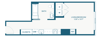 A floor plan of a living area and bedroom with a bathroom and closet.