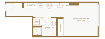 A floor plan of a small apartment with a living room, bathroom, and closets.