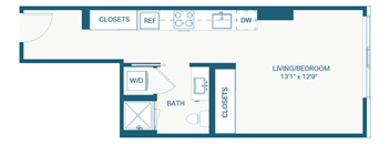 A floor plan of a small apartment with a living room, bathroom, and kitchen.