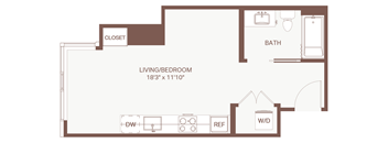 A floor plan of a small apartment with a living room, bathroom, and closet.