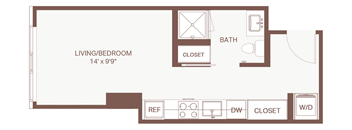 A floor plan of a living/bedroom area with a bathroom, closet, and a reference area with a desk and chair.