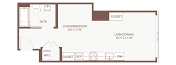 A floor plan of a small apartment with a living room, bedroom, and bathroom.