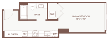 A floor plan of a living/bedroom with a bath and closets.