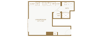 A drawing of a living room with a bathroom and closet.