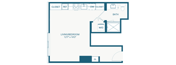 A floor plan of a living area with a bathroom and two closets.