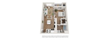 A top-down view of a small apartment with a kitchen, living room, and bathroom.