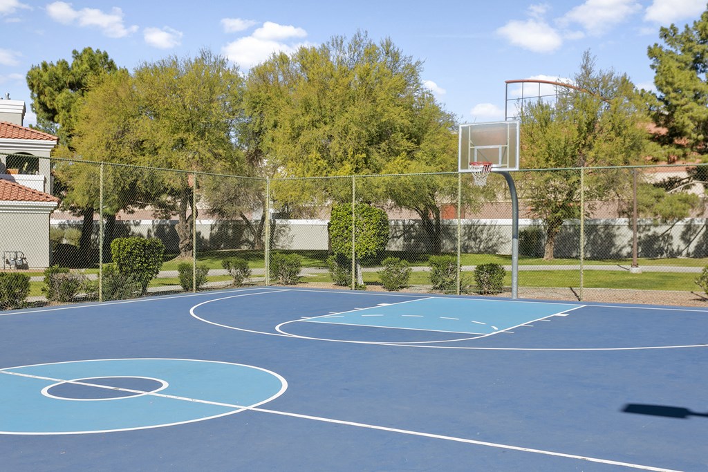 a blue basketball court in front of a fence and trees