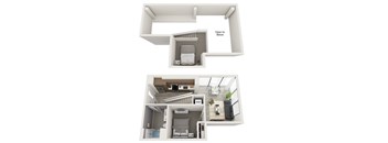 A diagram of a small apartment with a bedroom, living room, and kitchen.