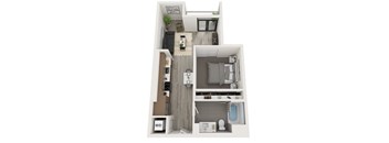 A floor plan of a small apartment with a kitchen, living room, and bathroom.