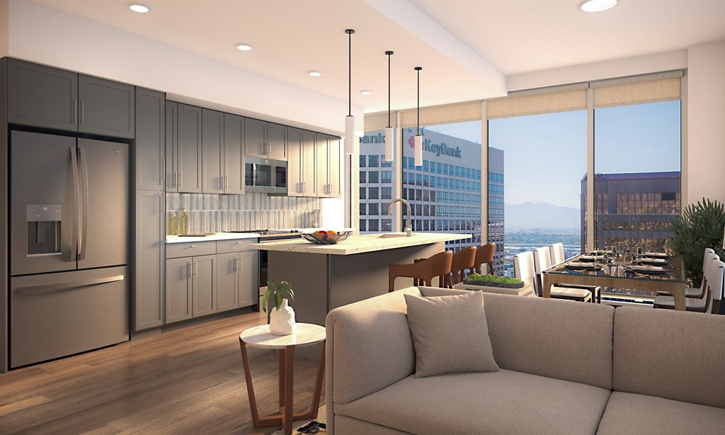 Seraph Apartments in Salt Lake City, Utah Living Room and Kitchen Rendering
