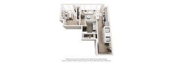 A 3D floor plan of a house with a kitchen, living room, and bathroom.