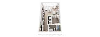 A 3D floor plan of a small apartment with a kitchen, living room, and bathroom.